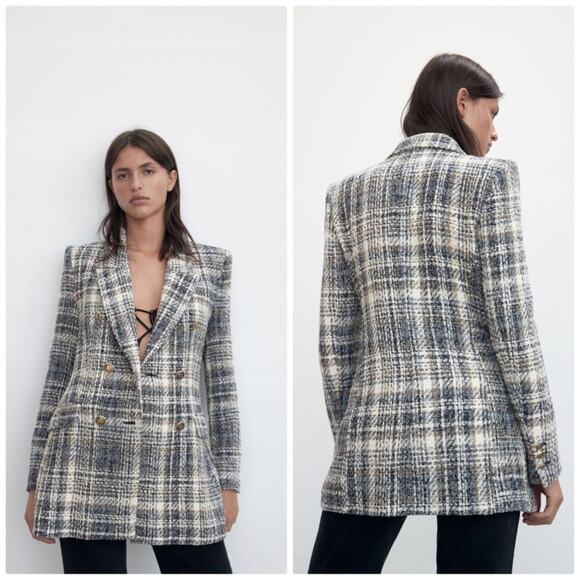 Zara Women's Casual Plaid Double-Breasted Texture Suit Jacket Size M - Picture 1 of 8
